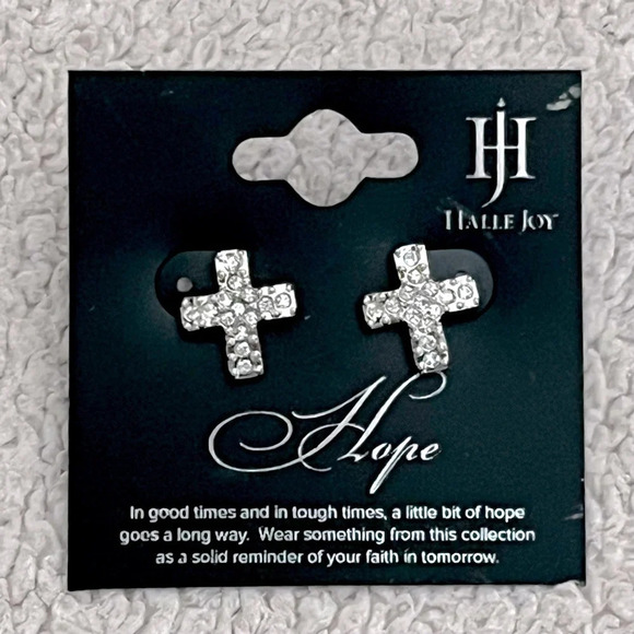 Halle Joy Crystal Cross Silver- Tone Stud Earrings - Picture 1 of 3